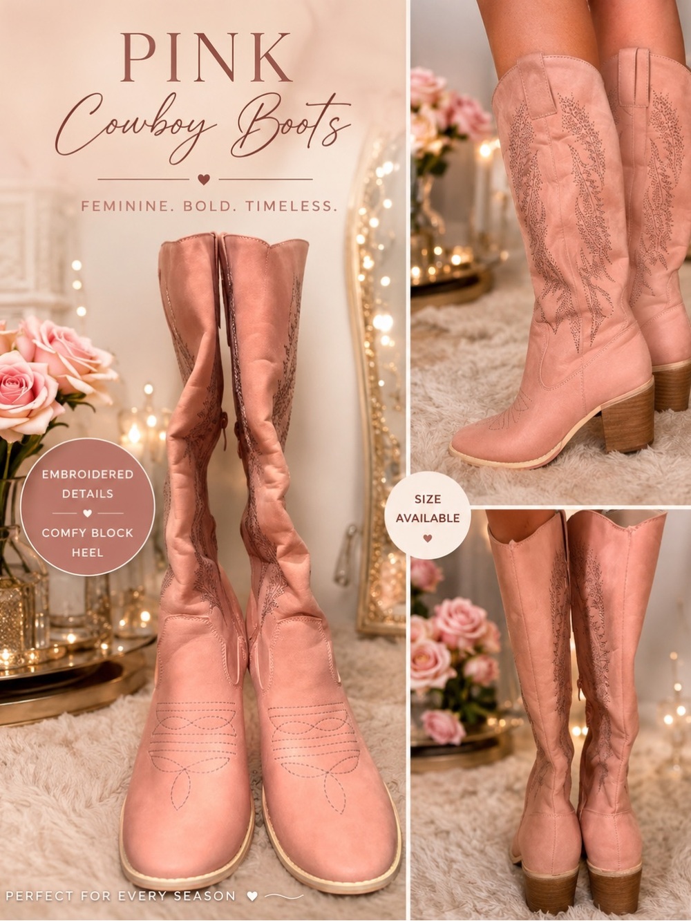Fashion Nova Pink Embroidered Cowboy Boots